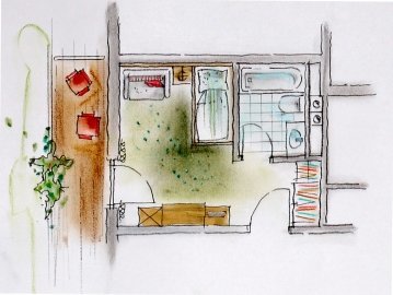 Großes Badezimmer mit Doppelwaschbecken, davon abgetrenntes WC, WLAN Internet, TV, Radio, Fön.